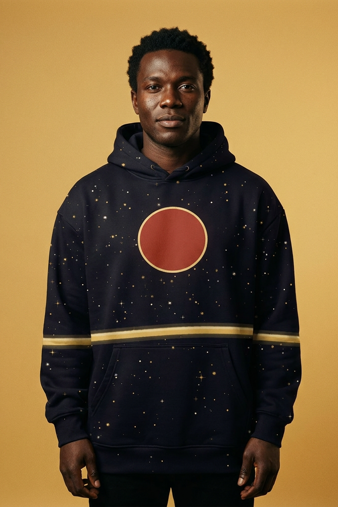 Model wearing the Tukula · Night Skies all over hoodie: deep indigo night sky with gold and ivory stars, a camwood red sun ringed in warm gold at the top of the chest, the gold horizon line crossing chest and sleeves