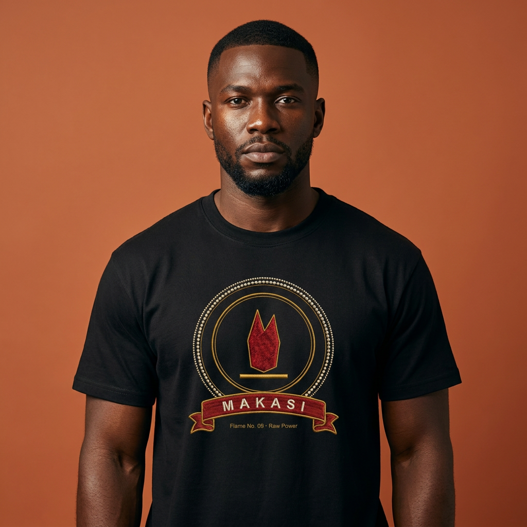 Strong man wearing the black Makasi tee, wide ruby flame with two tongues, The Twelve Flames collection by Bana Bilaka
