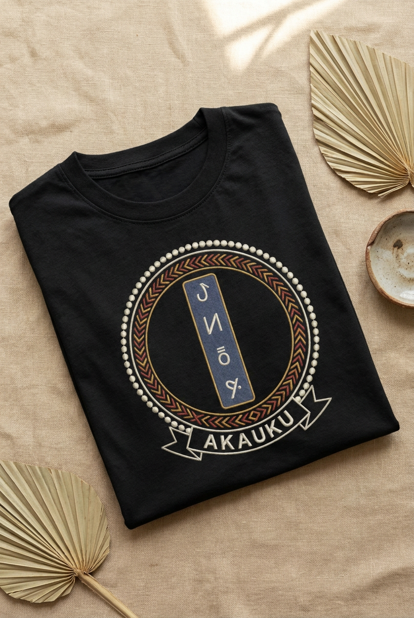 Tee noir Akauku à plat sur lin, cartouche indigo de l'écriture bamoun en imprimé effet broderie, Cameroon Grassfields collection par Bana Bilaka