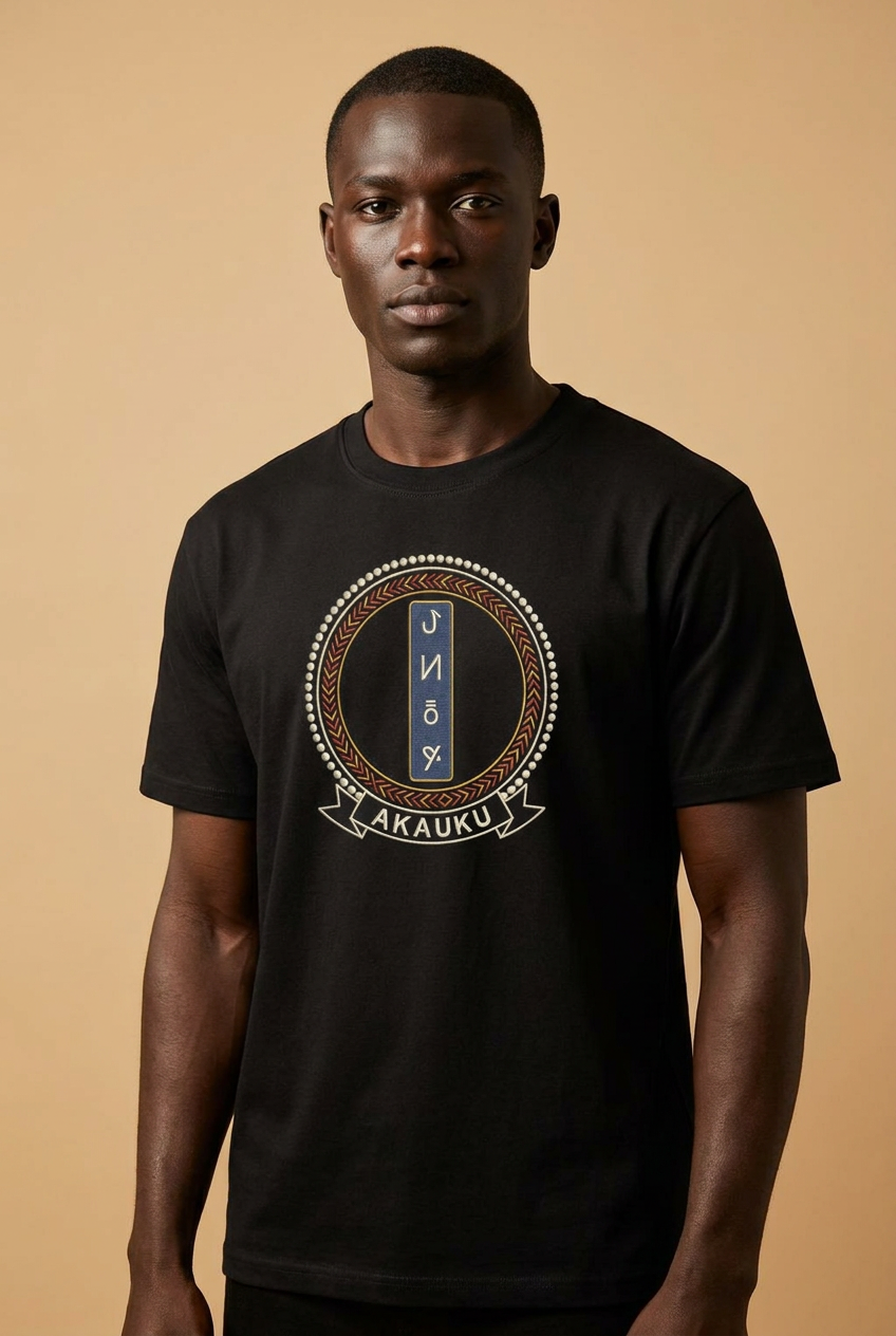 Modèle portant le tee noir Akauku, médaillon imprimé effet broderie aux quatre signes de l'écriture bamoun (Bamum script), Cameroon Grassfields collection par Bana Bilaka