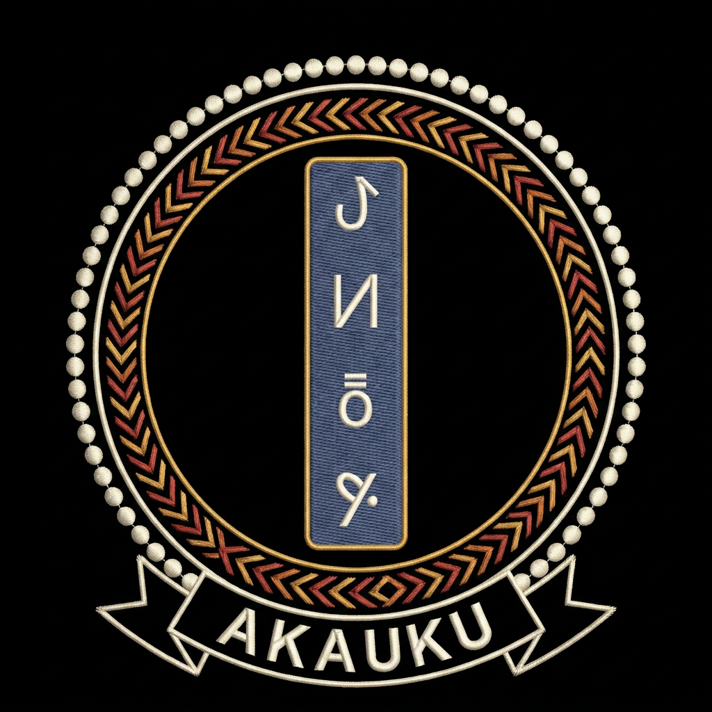 Emblème Akauku, médaillon imprimé effet broderie : colonne des quatre signes bamoun sur cartouche indigo, banderole AKAUKU, Cameroon Grassfields, Bana Bilaka