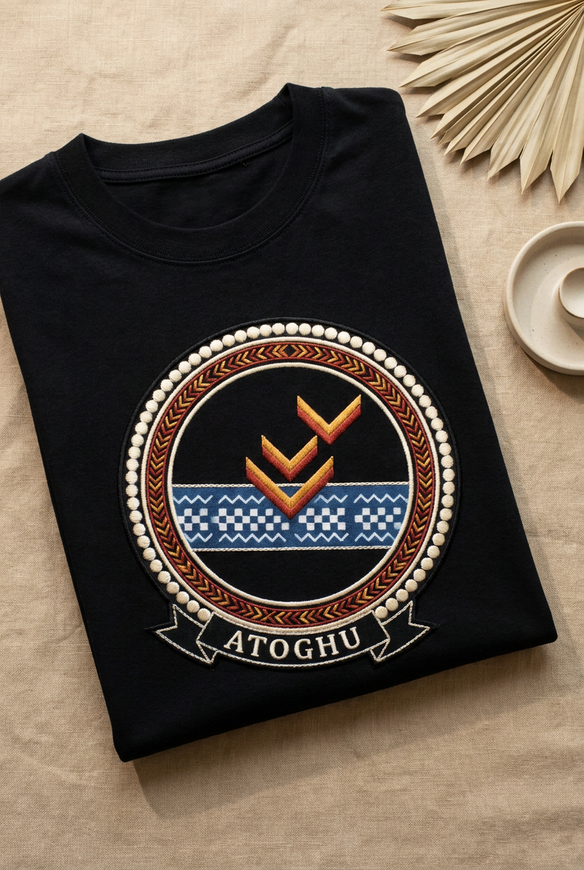 Tee noir Atoghu à plat sur lin, bande ndop indigo et chevrons toghu rouge et or en imprimé effet broderie, Cameroon Grassfields collection par Bana Bilaka