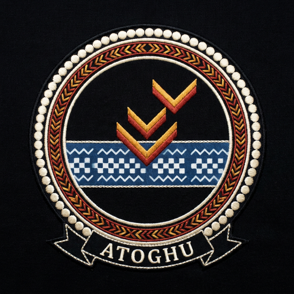 Emblème Atoghu, médaillon imprimé effet broderie : bande ndop indigo traversée de trois chevrons toghu, banderole ATOGHU, Cameroon Grassfields, Bana Bilaka