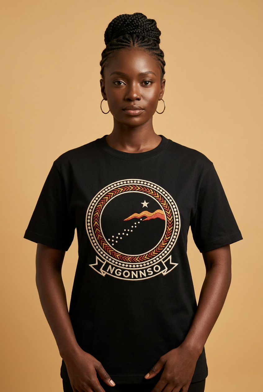 Modèle portant le tee noir Ngonnso, médaillon imprimé effet broderie au sentier du retour vers les hautes terres, royaume Nso, Cameroon Grassfields collection par Bana Bilaka