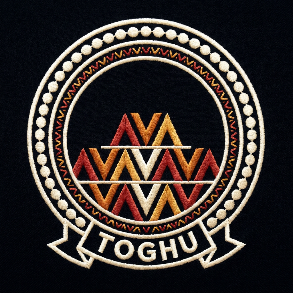 Emblème Toghu, médaillon imprimé effet broderie : trois rangées de dents de tigre rouge latérite et or, banderole TOGHU, Cameroon Grassfields, Bana Bilaka