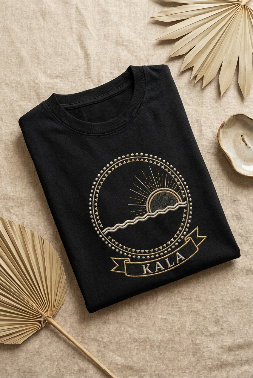 Kala black tee flat-lay on linen, Dikenga Collection by Bana Bilaka