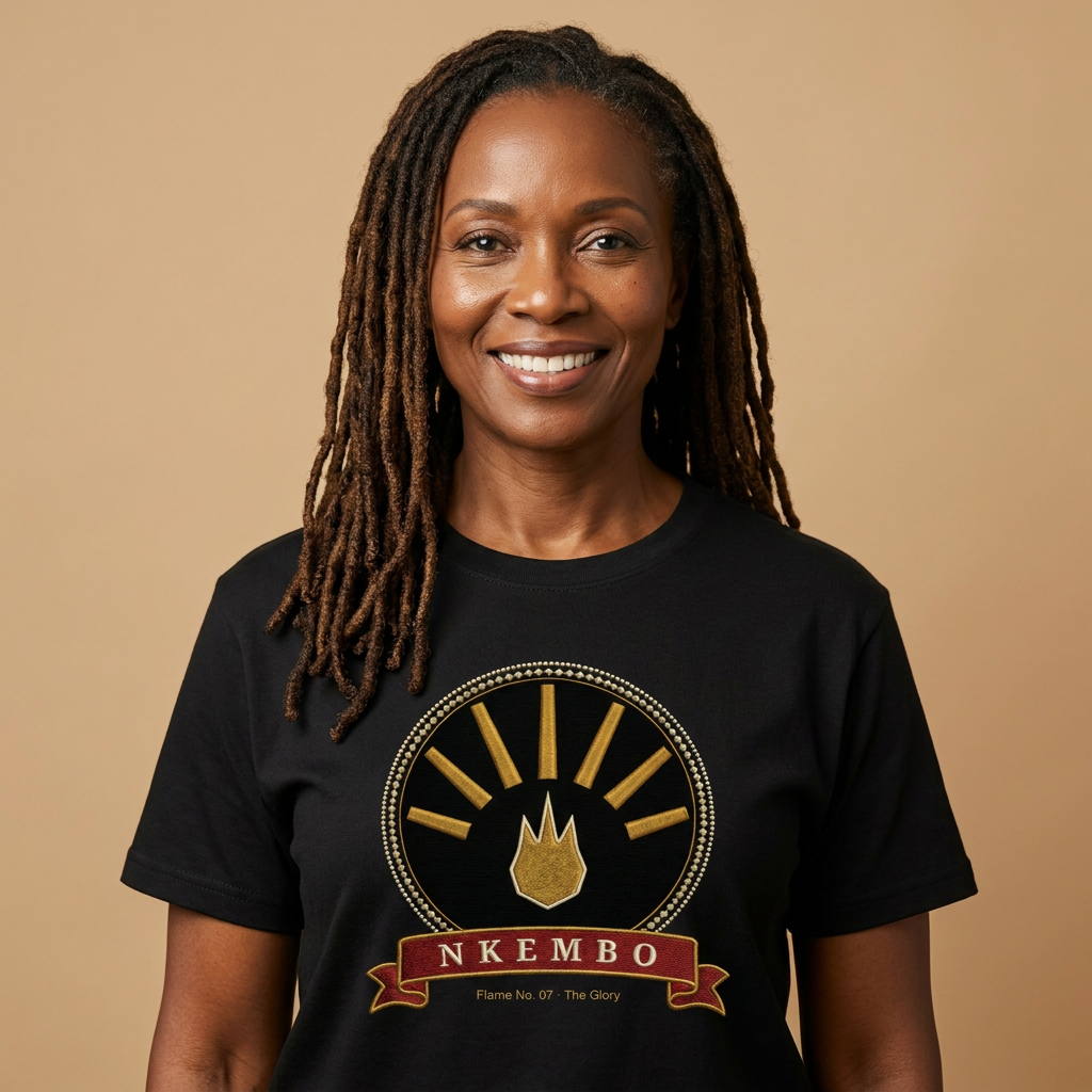 Woman with locs wearing the black Nkembo tee, deep gold flame with seven rays, The Twelve Flames collection by Bana Bilaka