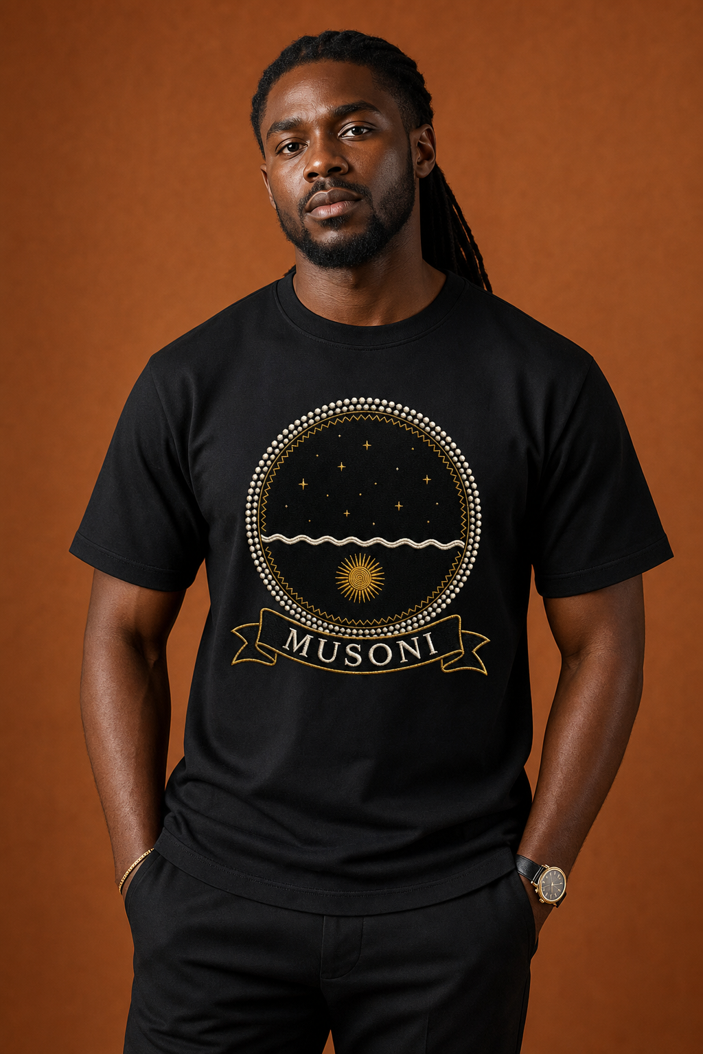 Black model wearing the Musoni black tee, Dikenga Collection by Bana Bilaka