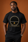 Black model wearing the Musoni black tee, Dikenga Collection by Bana Bilaka