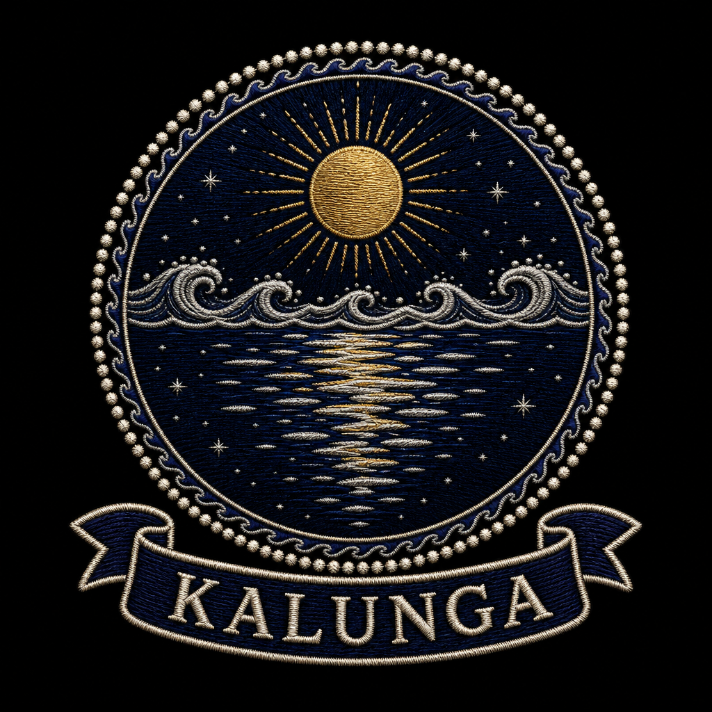 Kalunga emblem, embroidery-style Kongo medallion with a gold sun above the silver water line and its fragmented reflection below, indigo and silver on black