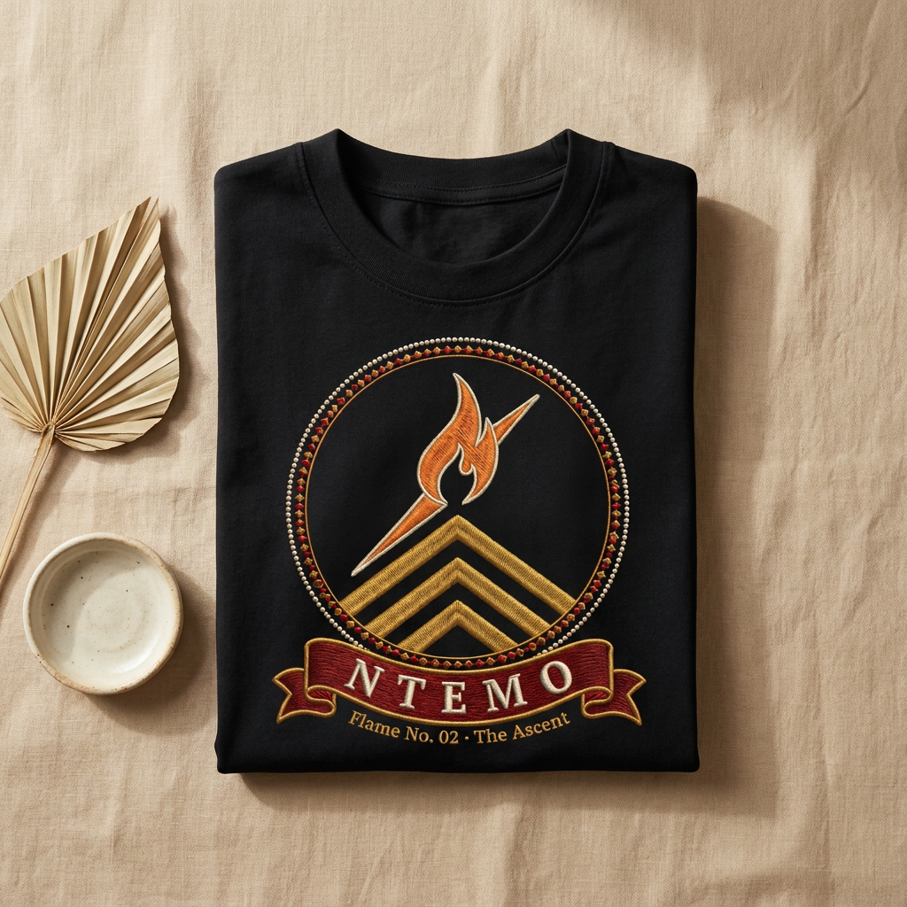 Black Ntemo tee folded flat on natural linen, embroidery-style ascent flame medallion, The Twelve Flames by Bana Bilaka