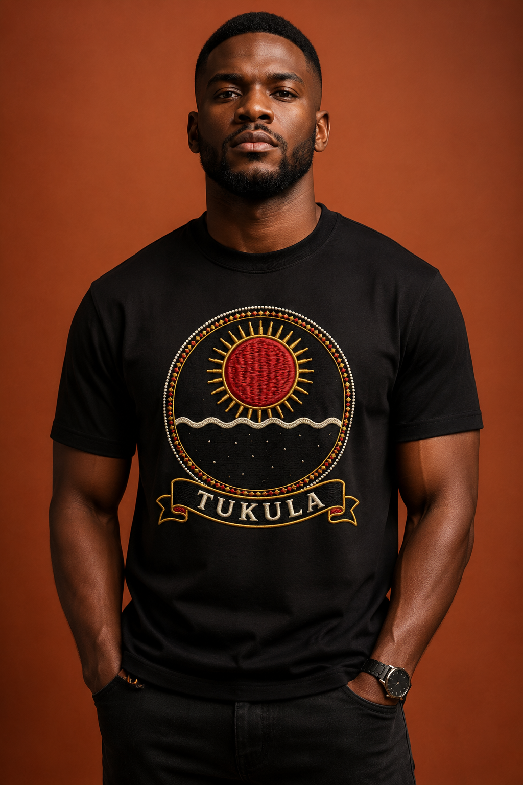 Black model wearing the Tukula black tee, Dikenga Collection by Bana Bilaka