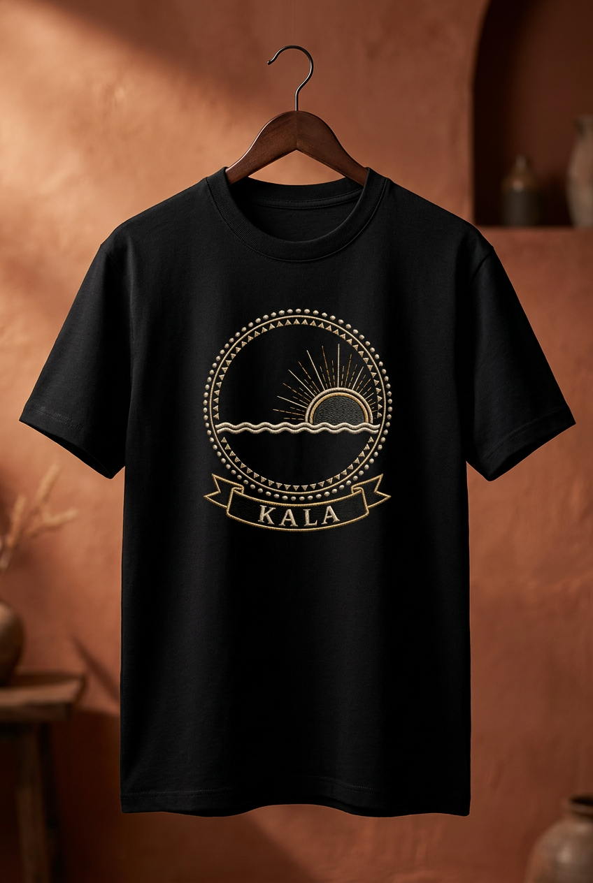 Kala black tee on a wooden hanger against a terracotta wall, Dikenga Collection by Bana Bilaka