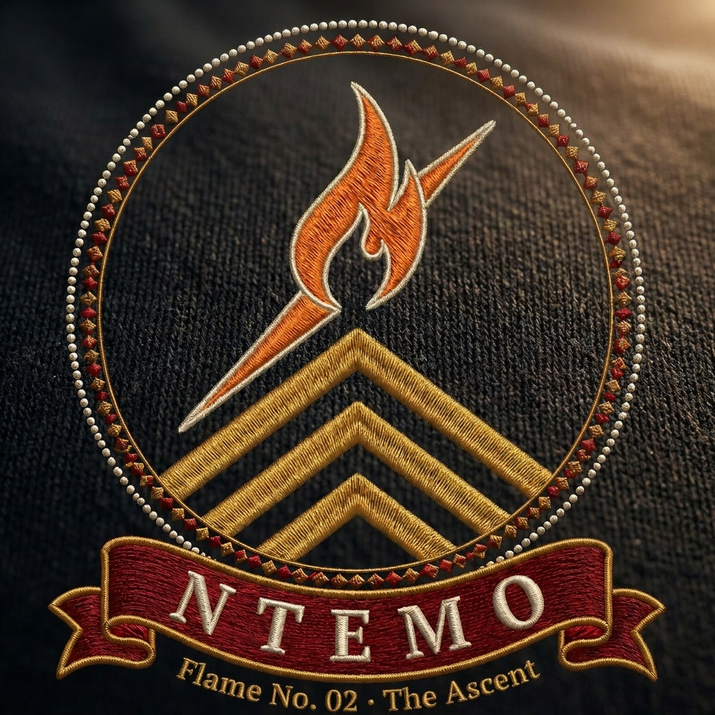 Close-up of the Ntemo emblem: tilted dawn-orange flame, three gold chevrons, NTEMO banner, Flame No. 02 The Ascent