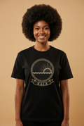 Black model wearing the Kala black tee, Dikenga Collection by Bana Bilaka