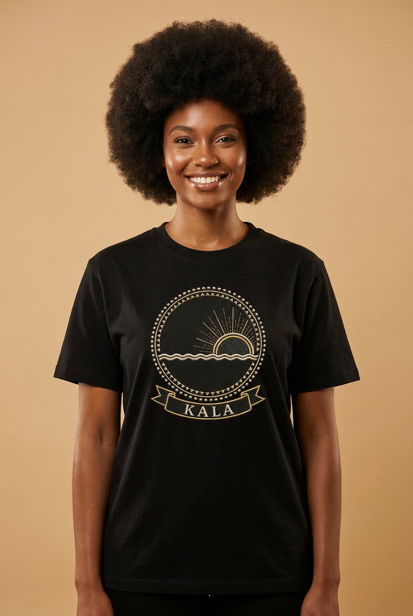 Black model wearing the Kala black tee, Dikenga Collection by Bana Bilaka