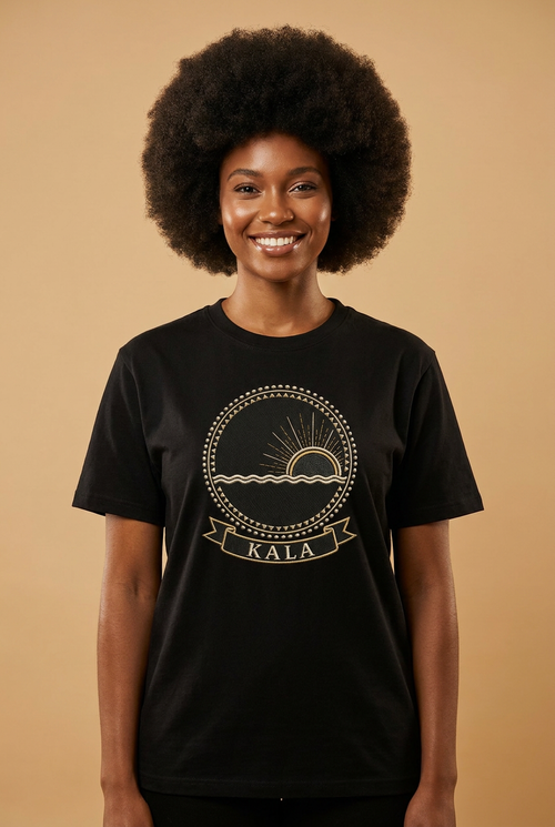Black model wearing the Kala black tee, Dikenga Collection by Bana Bilaka