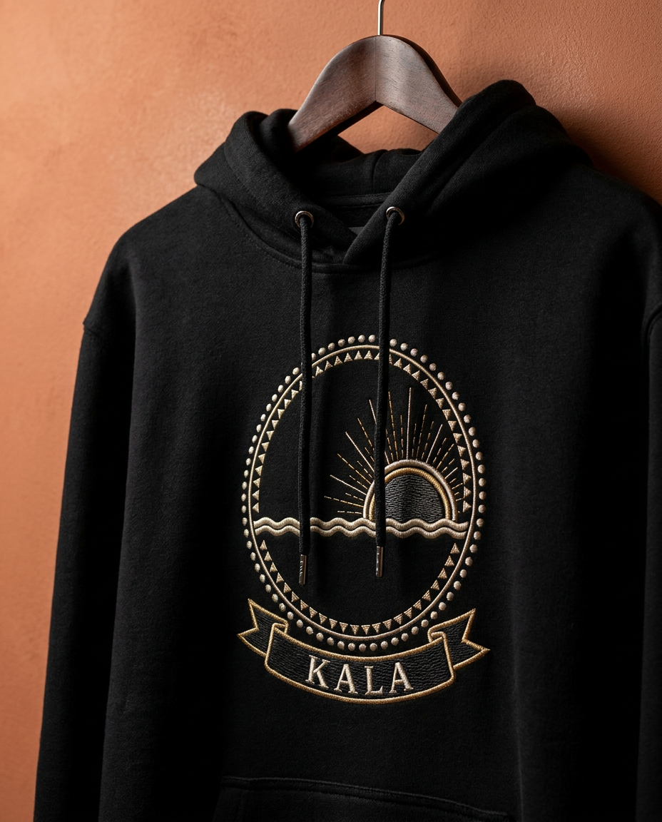 Kala jet black hoodie on a wooden hanger against a terracotta wall, embroidery-style Kongo Dikenga medallion (half-risen dawn sun breaking the Kalunga line on the right) printed on the chest, Bana Bilaka