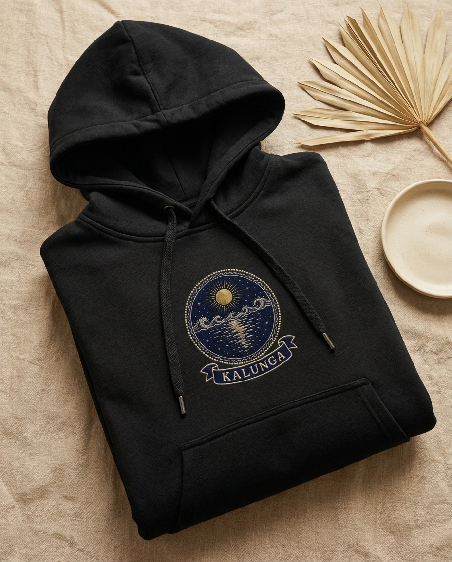 Kalunga jet black hoodie flat-lay on beige linen, embroidery-style Kongo Dikenga medallion (gold sun above the water line and its fragmented reflection) printed on the chest, Bana Bilaka