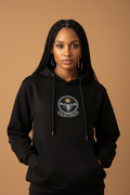 Kalunga jet black hoodie worn by a model, embroidery-style Kongo emblem printed as a chest crest, Dikenga Collection by Bana Bilaka
