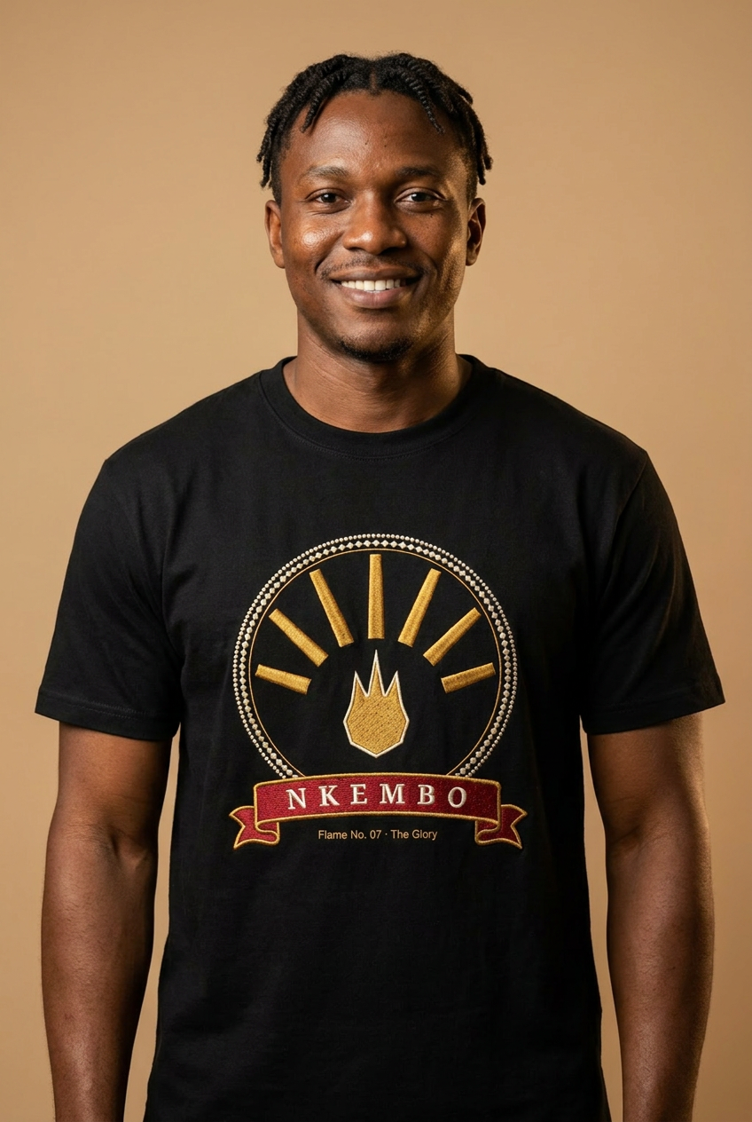 Man with short twists wearing the black Nkembo tee, gold glory flame and rays, The Twelve Flames collection by Bana Bilaka