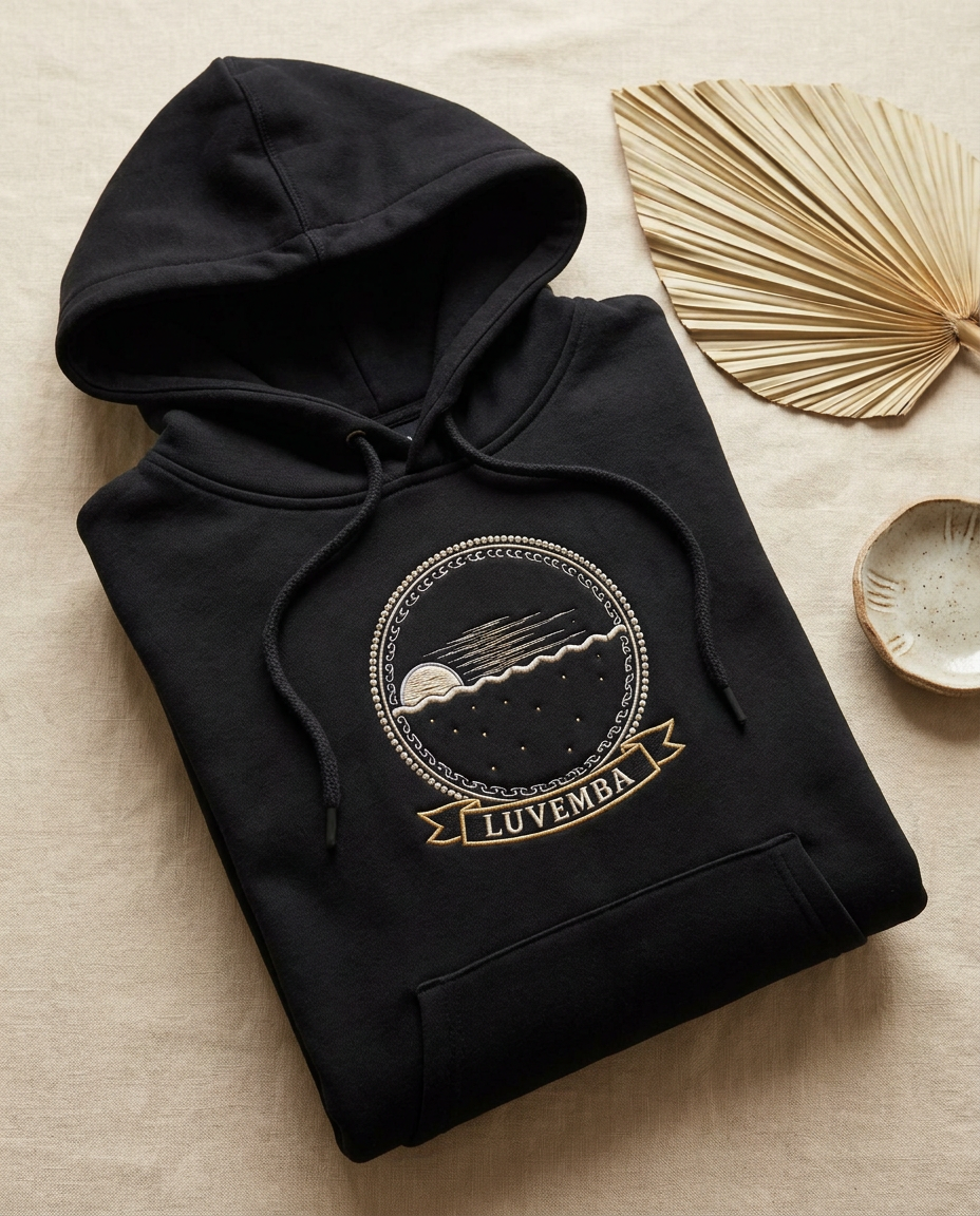 Luvemba jet black hoodie flat-lay on beige linen, embroidery-style Kongo Dikenga medallion (half-set dusk sun sinking on the left) printed on the chest, Bana Bilaka