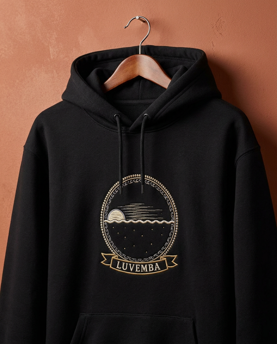 Luvemba jet black hoodie on a wooden hanger against a terracotta wall, embroidery-style Kongo Dikenga medallion (half-set dusk sun sinking on the left) printed on the chest, Bana Bilaka