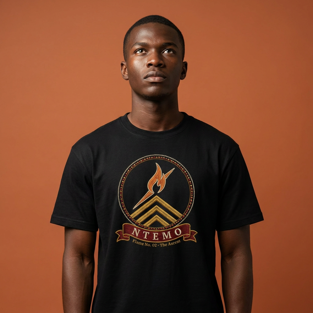 Young man wearing the black Ntemo tee, tilted dawn-orange flame over gold chevrons, The Twelve Flames collection by Bana Bilaka