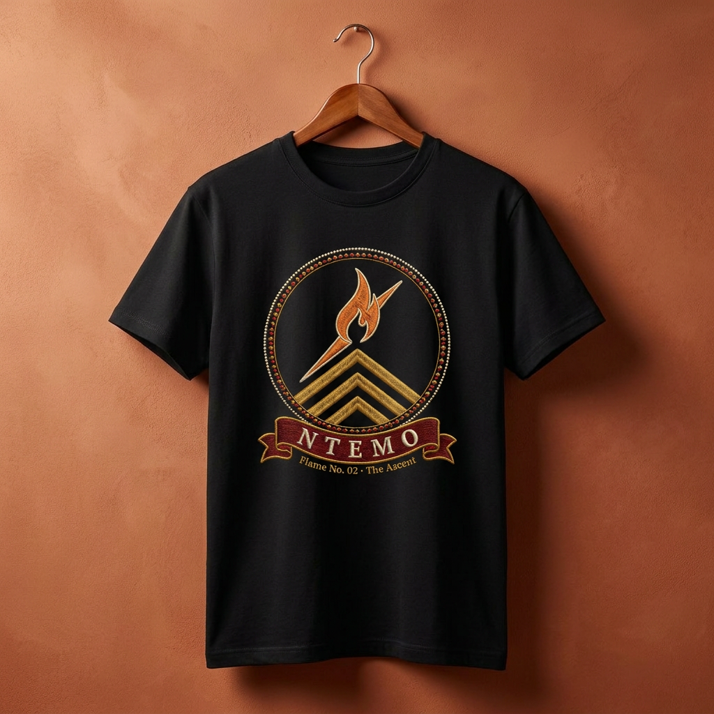 Black Ntemo tee on a wooden hanger against a terracotta wall, The Twelve Flames by Bana Bilaka