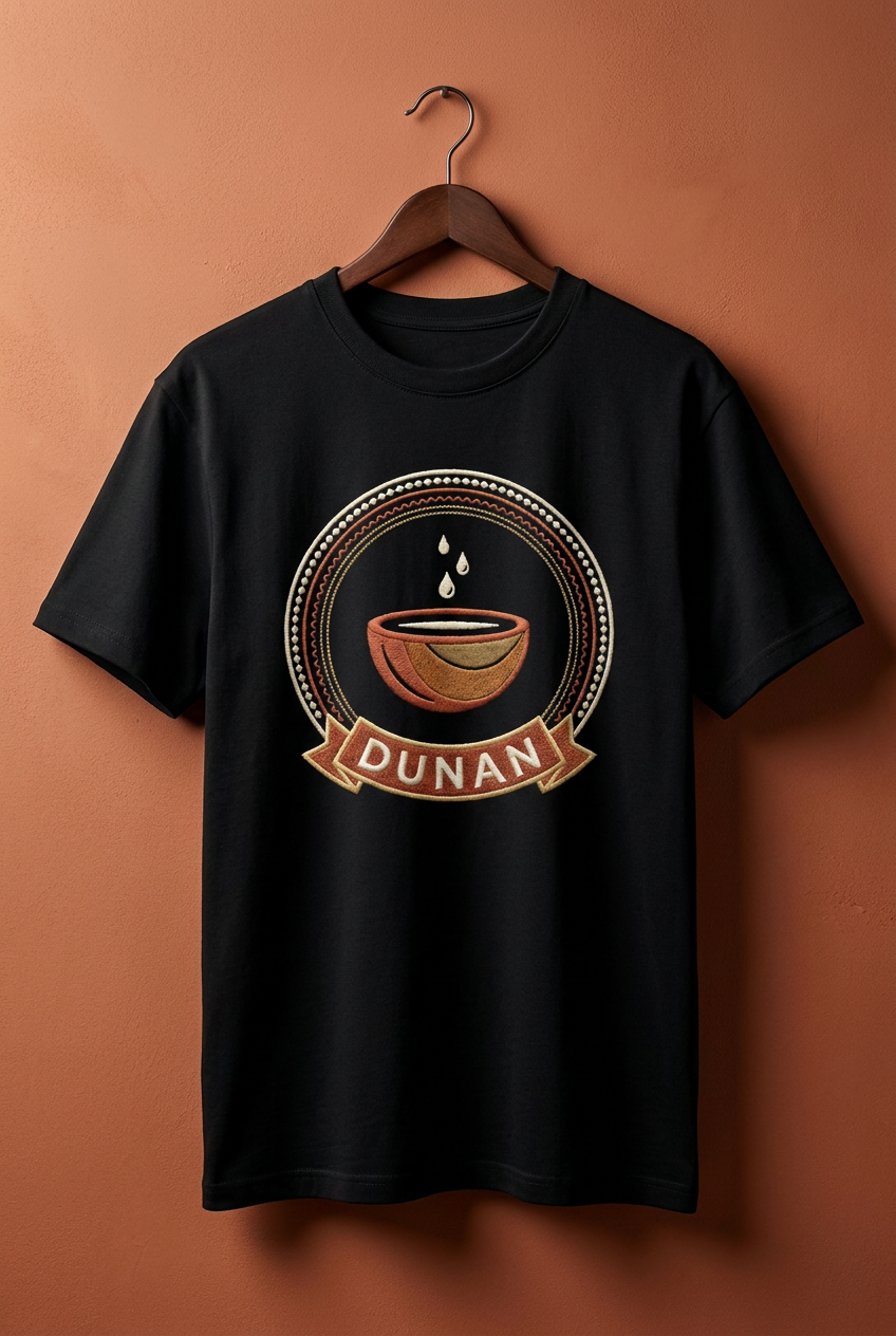Tee noir Dunan sur cintre en bois contre un mur terracotta, imprimé effet broderie, Collection Le Serment du Manden par Bana Bilaka