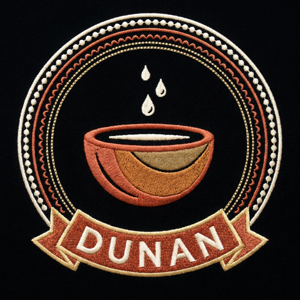 Emblème Dunan, médaillon imprimé effet broderie : calebasse d'eau terracotta et trois gouttes sur fond noir, anneau de points, banderole DUNAN