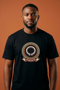 Modèle portant le tee noir Horonya, médaillon imprimé effet broderie à la manille brisée, Collection Le Serment du Manden par Bana Bilaka