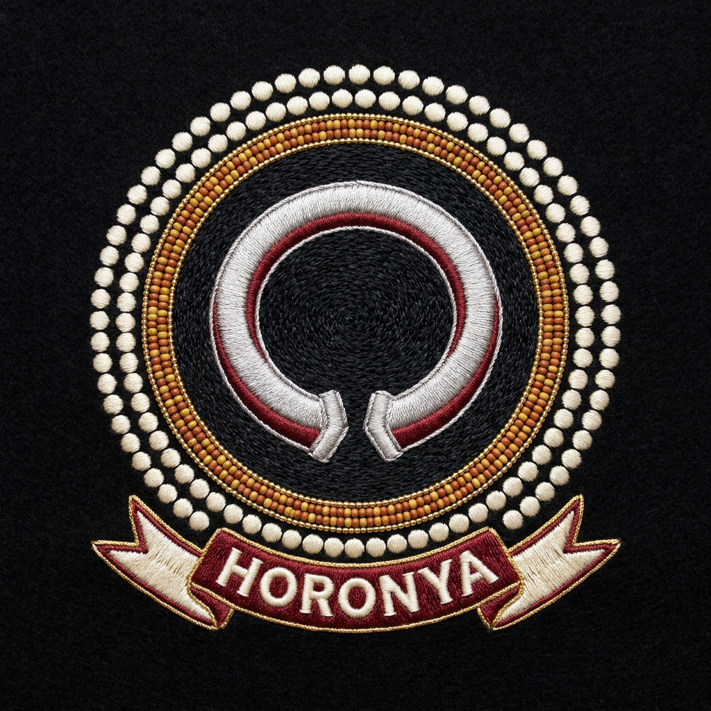 Emblème Horonya, médaillon imprimé effet broderie : manille brisée rouge latérite et argent sur fond noir, anneau de points, banderole HORONYA