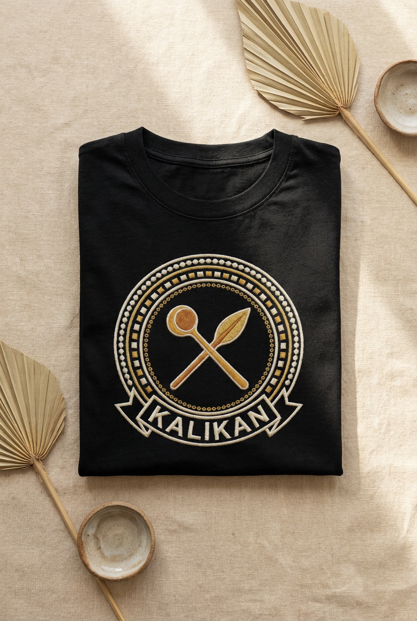 Tee noir Kalikan à plat sur lin, imprimé effet broderie, Collection Le Serment du Manden par Bana Bilaka