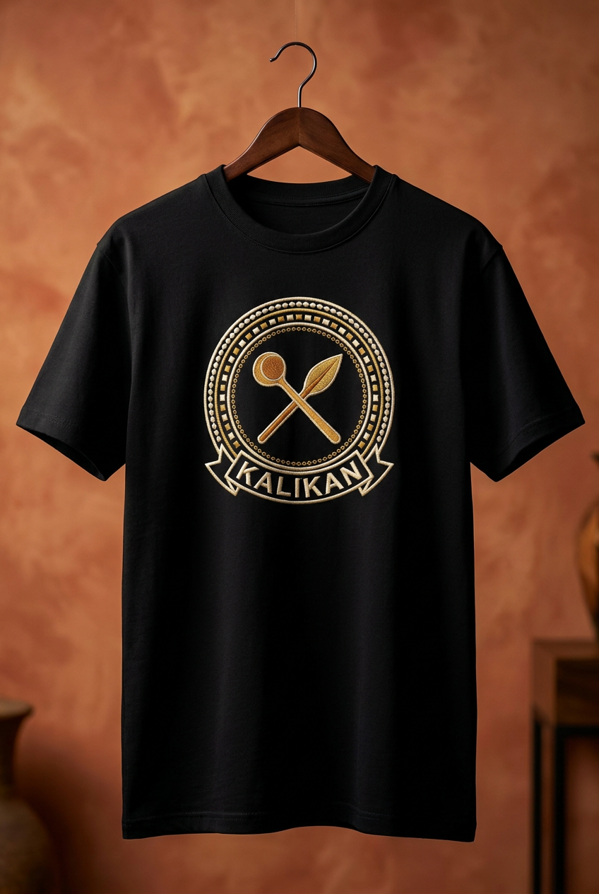 Tee noir Kalikan sur cintre en bois contre un mur terracotta, imprimé effet broderie, Collection Le Serment du Manden par Bana Bilaka