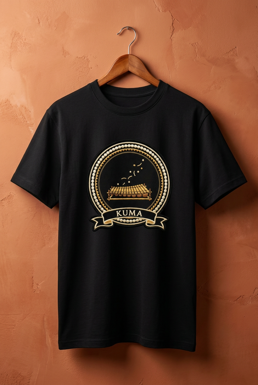 Tee noir Kuma sur cintre en bois contre un mur terracotta, imprimé effet broderie, Collection Le Serment du Manden par Bana Bilaka