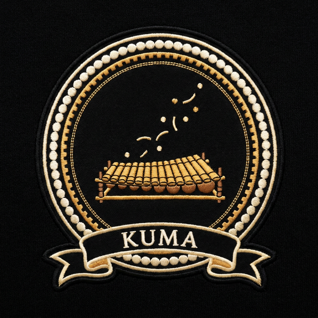 Emblème Kuma, médaillon imprimé effet broderie : balafon or miel et traînée de points sur fond noir, anneau de points, banderole KUMA