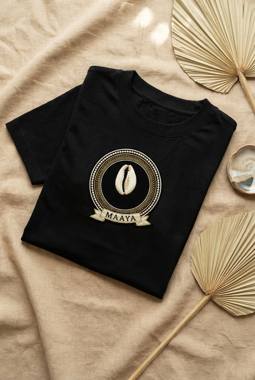 Tee noir Maaya à plat sur lin, imprimé effet broderie, Collection Le Serment du Manden par Bana Bilaka