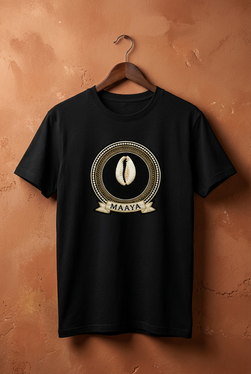 Tee noir Maaya sur cintre en bois contre un mur terracotta, imprimé effet broderie, Collection Le Serment du Manden par Bana Bilaka