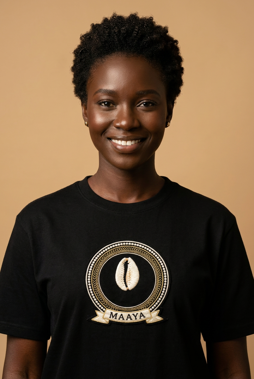 Modèle portant le tee noir Maaya, médaillon imprimé effet broderie au cauri unique, Collection Le Serment du Manden par Bana Bilaka