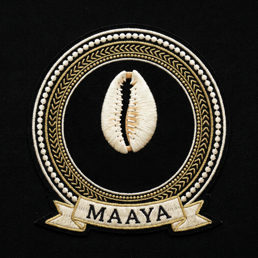 Emblème Maaya, médaillon imprimé effet broderie : un cauri unique ivoire sur fond noir, anneau de points, banderole MAAYA