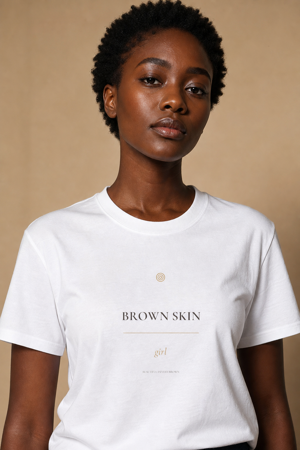 Melanin Manifesto black and gold statement t-shirt worn by a Black woman — Bana Bilaka pan-African organic cotton unisex tee