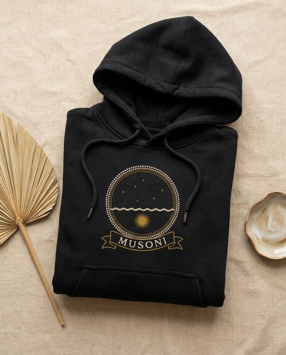 Musoni jet black hoodie flat-lay on beige linen, embroidery-style Kongo Dikenga medallion (midnight sun low beneath the Kalunga line) printed on the chest, Bana Bilaka