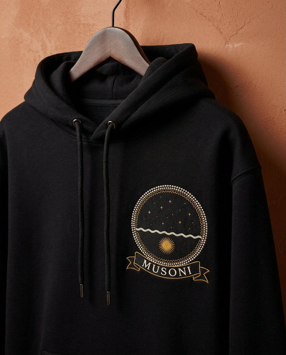 Musoni jet black hoodie on a wooden hanger against a terracotta wall, embroidery-style Kongo Dikenga medallion (midnight sun low beneath the Kalunga line) printed on the chest, Bana Bilaka
