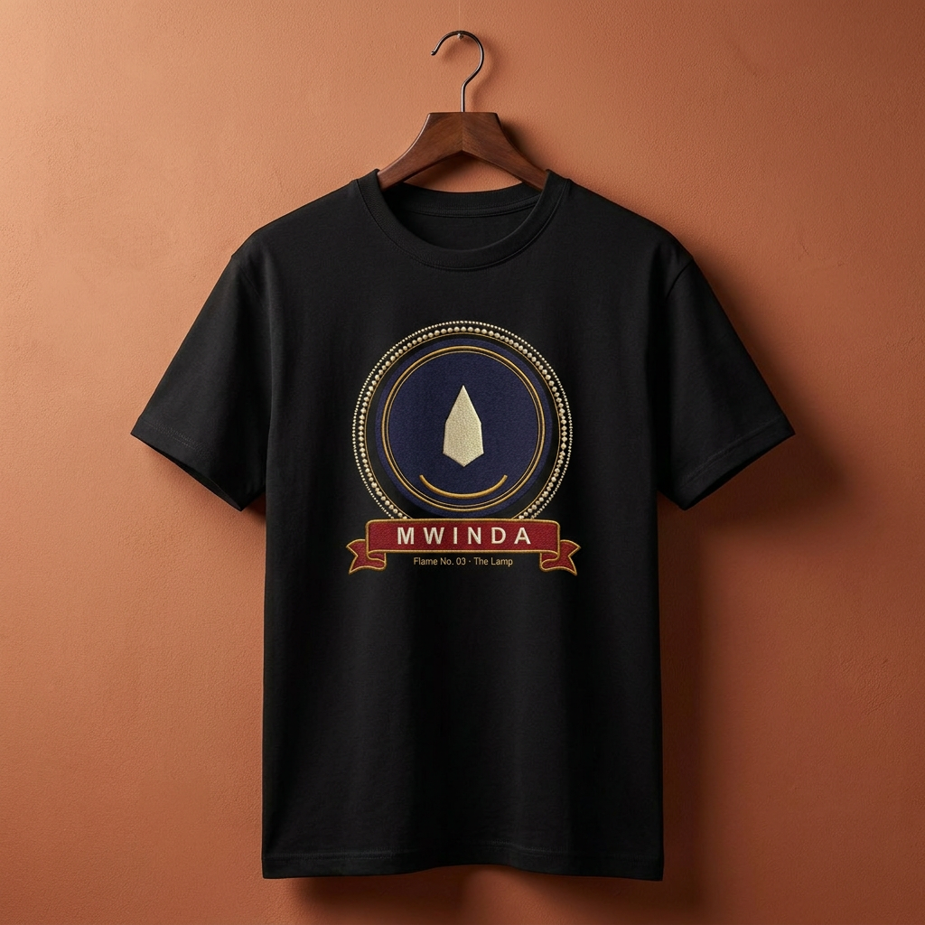 Black Mwinda tee on a wooden hanger against a terracotta wall, The Twelve Flames by Bana Bilaka
