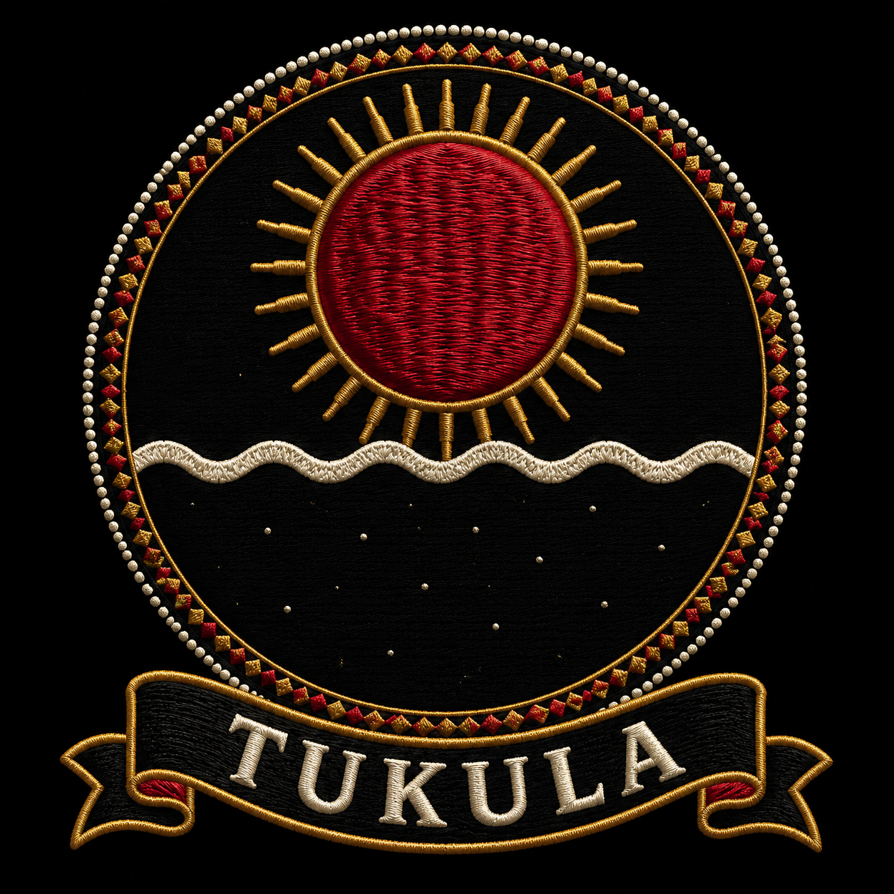Tukula emblem, embroidery-style Kongo medallion with the large camwood-red noon sun at the zenith above the Kalunga line, red and gold on black