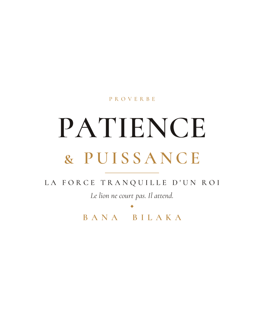 Patience et Puissance men's organic cotton tee — pan-African proverb editorial typography design, Bana Bilaka Katiopa heritage