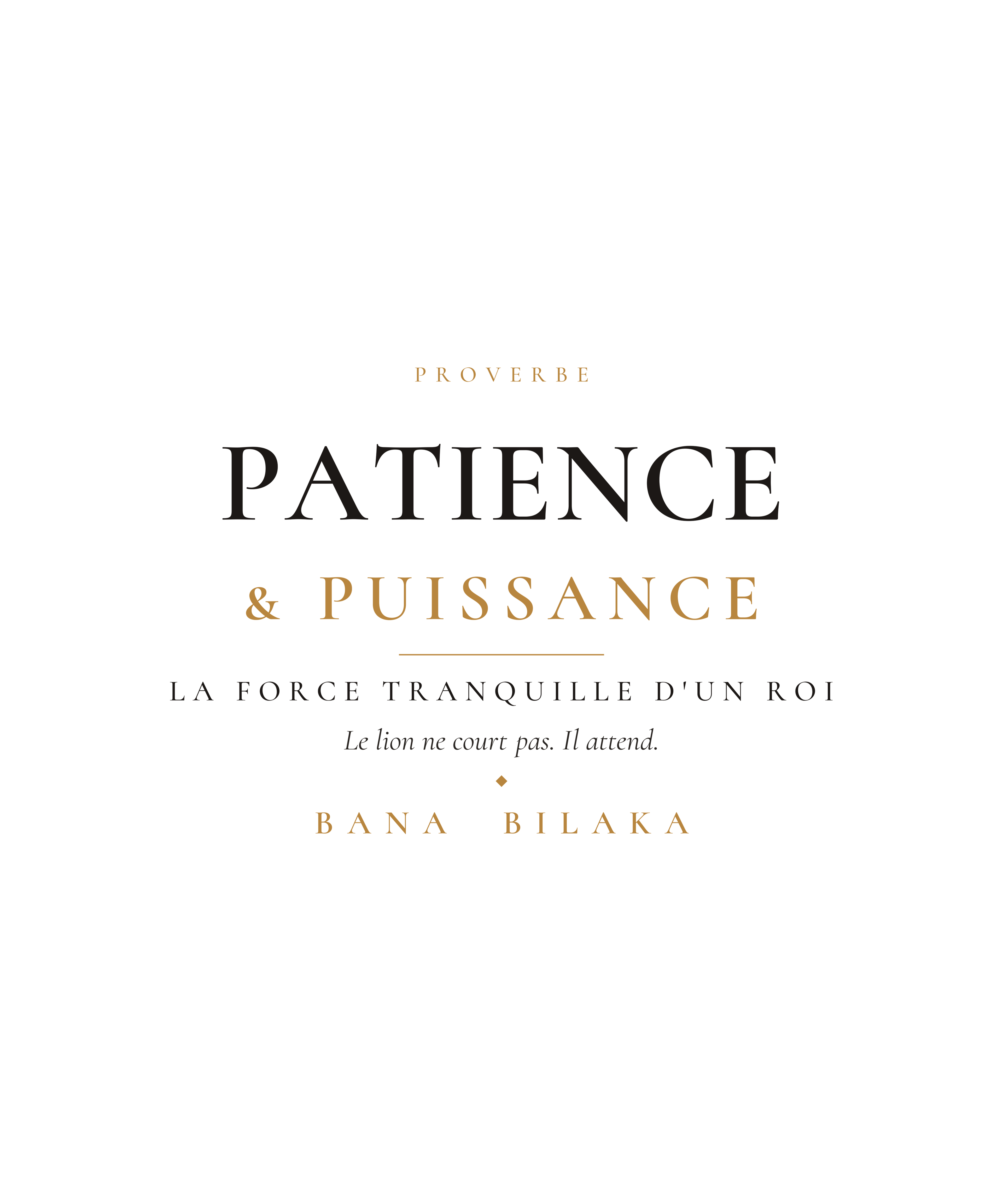 Patience et Puissance men's organic cotton tee — pan-African proverb editorial typography design, Bana Bilaka Katiopa heritage