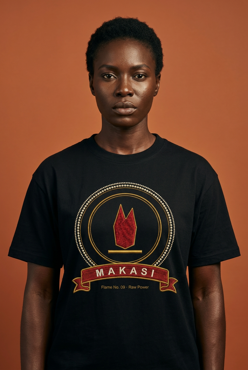 Athletic woman with short natural hair wearing the black Makasi tee, ruby flame over a gold bar, The Twelve Flames collection by Bana Bilaka