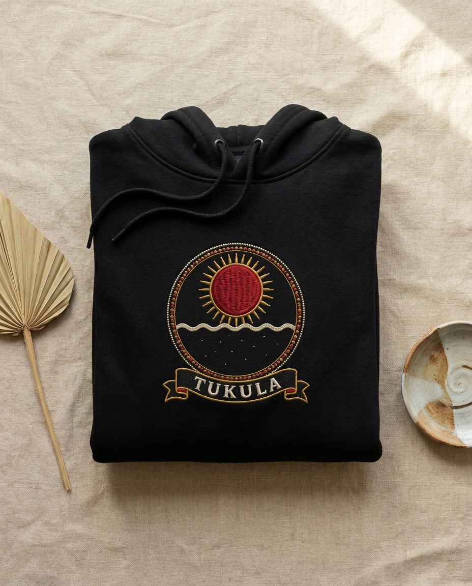 Tukula jet black hoodie flat-lay on beige linen, embroidery-style Kongo Dikenga medallion (large camwood-red noon sun at the zenith) printed on the chest, Bana Bilaka